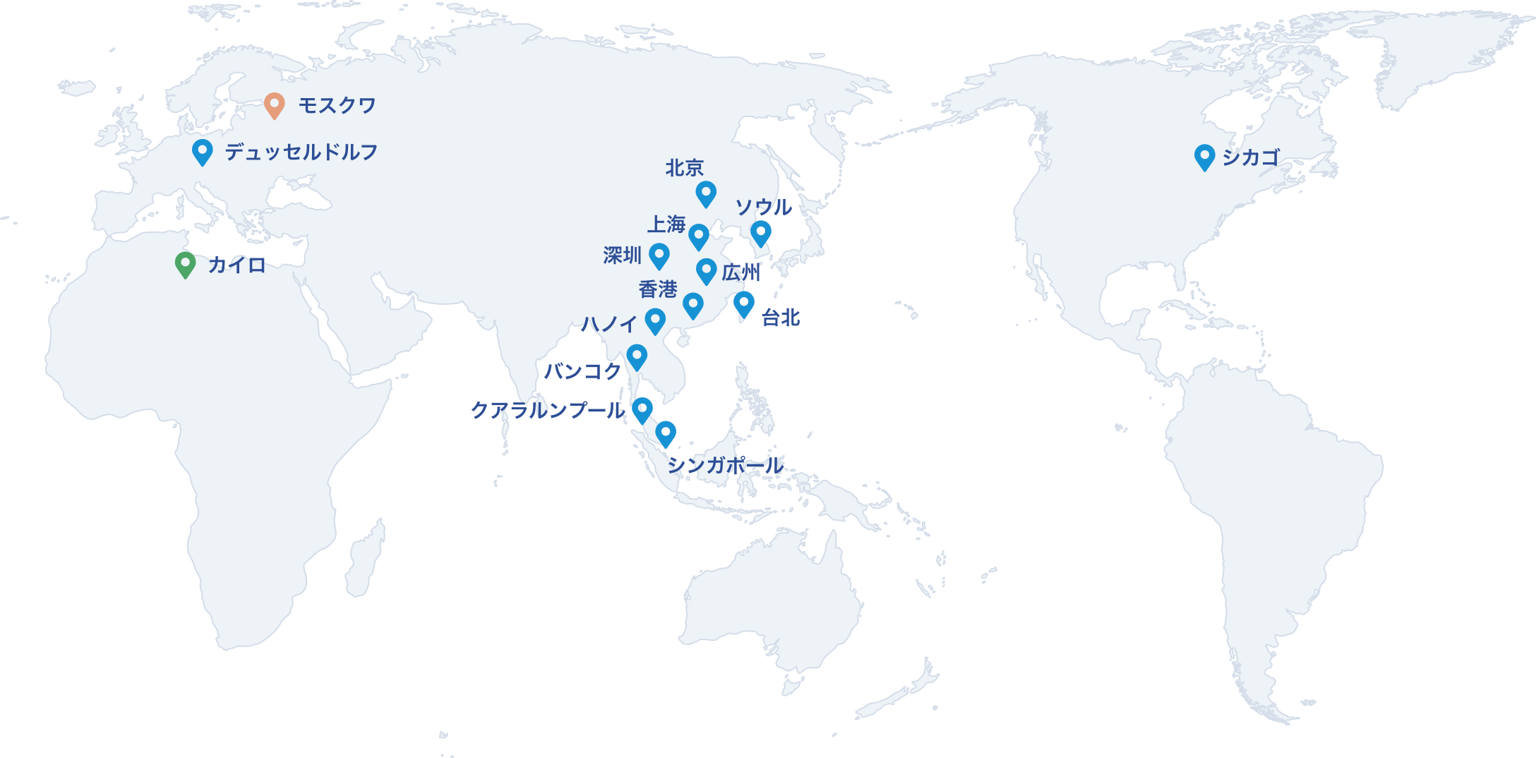 海外現地法人：デュッセルドルフ、北京、上海、深圳、広州、ソウル、台北、香港、ハノイ、バンコク、クアラルンプール、シンガポール、シカゴ 海外駐在員事務所：モスクワ 海外委託先：カイロ